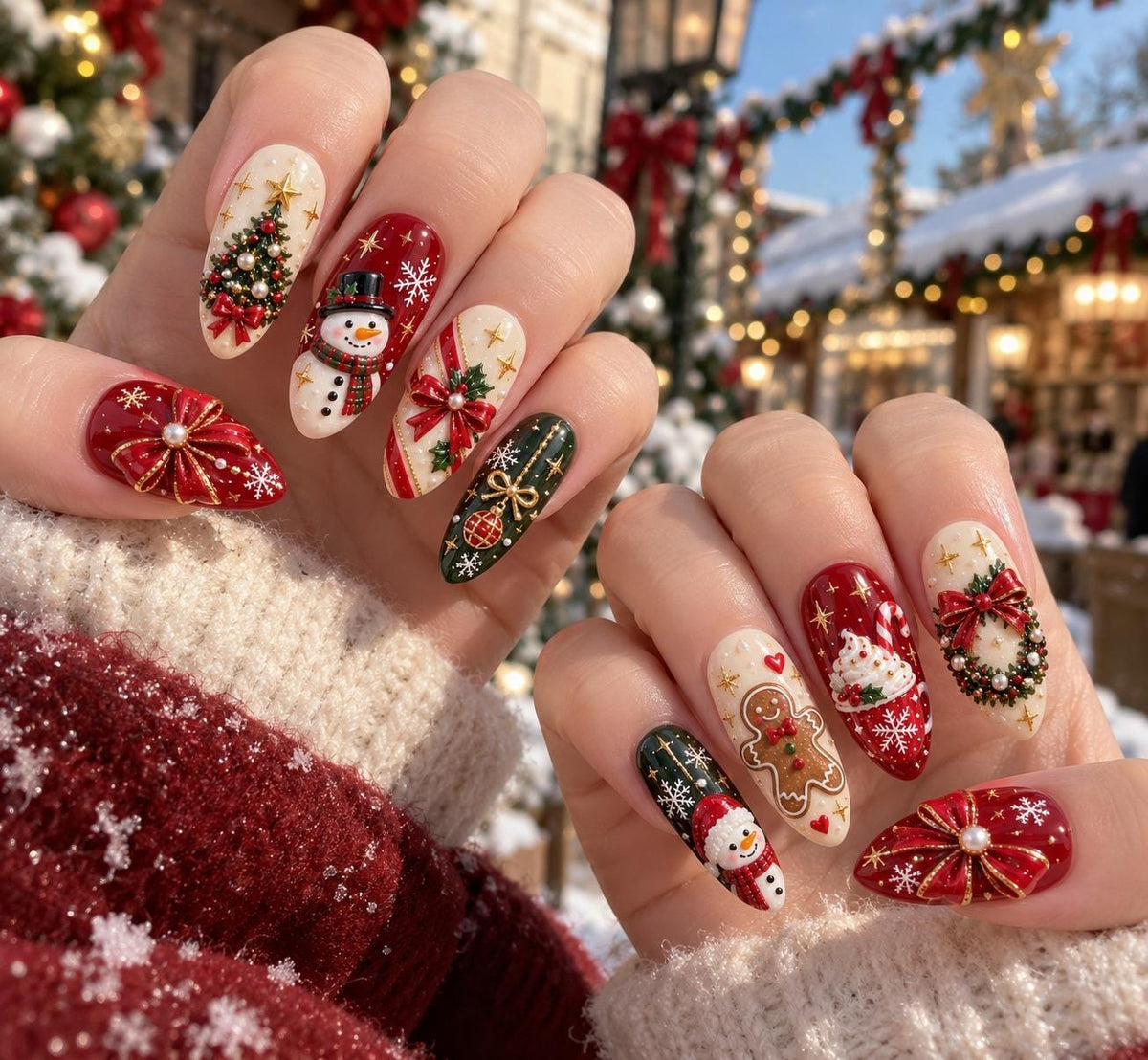 Christmas Nails with 3D Bows, Snowmen, Gingerbread and Decorated Trees