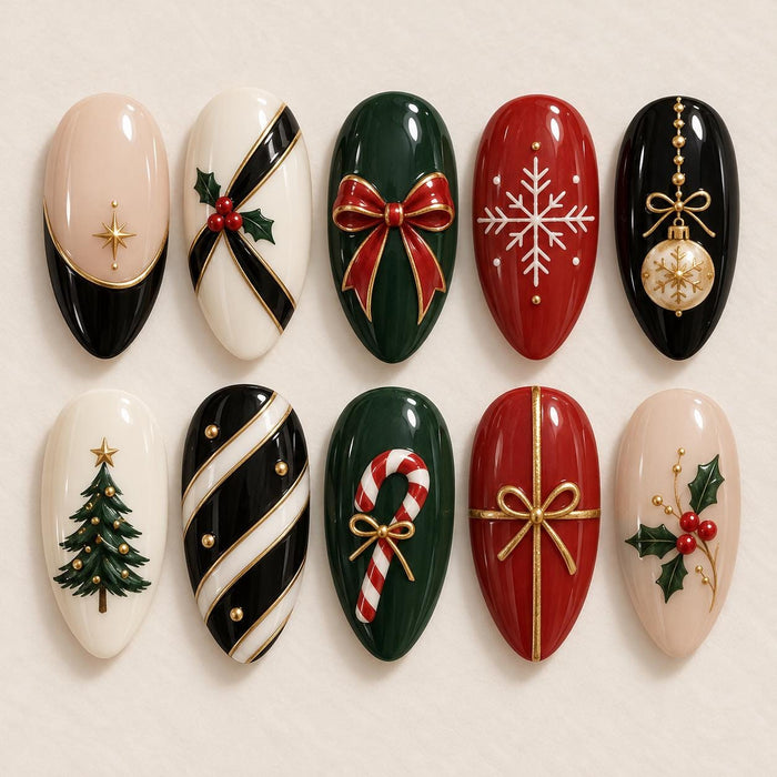 Christmas Press On Nails with Red and Green Bows, Snowflake, Holly, Tree and Ornaments