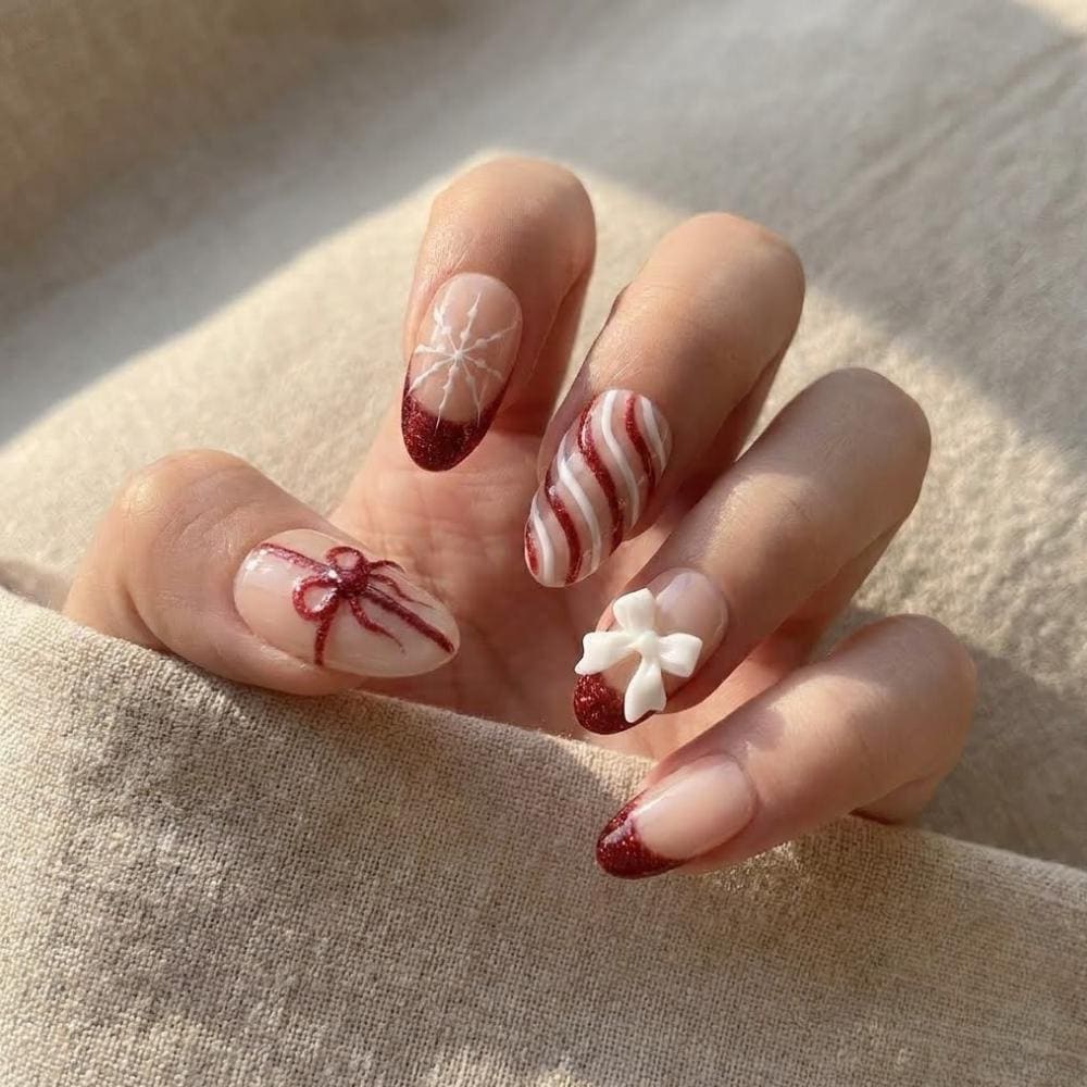 Christmas Nails With Red Glitter French Tips, Candy Cane Swirls, Snowflakes & Bows