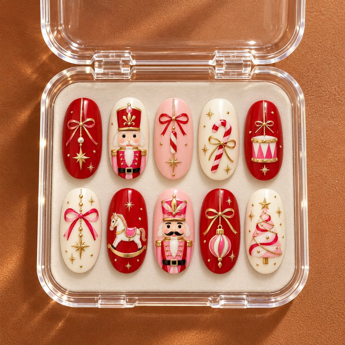 Christmas Nutcracker and Toy Parade Nail Set With Gold Accents in clear acrylic storage box