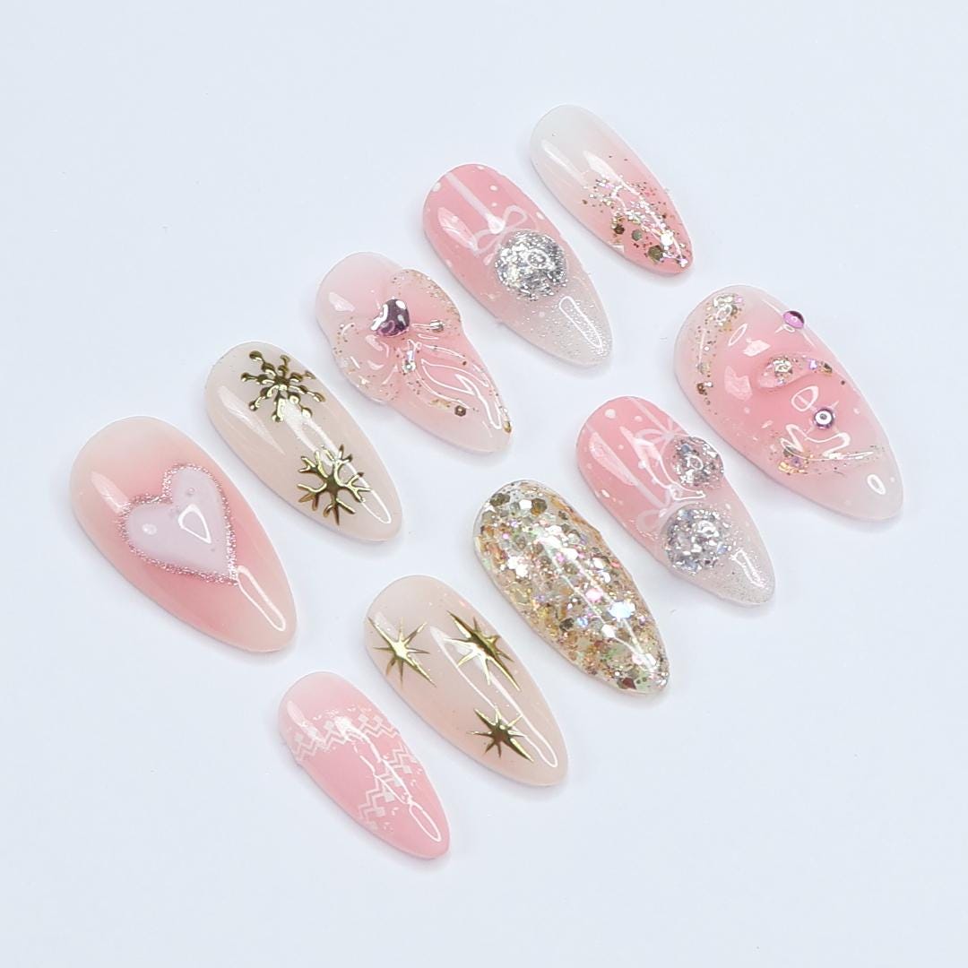 Christmas Pink Press-On Nails with Bows, Glitter, Hearts, and Gold Snowflakes