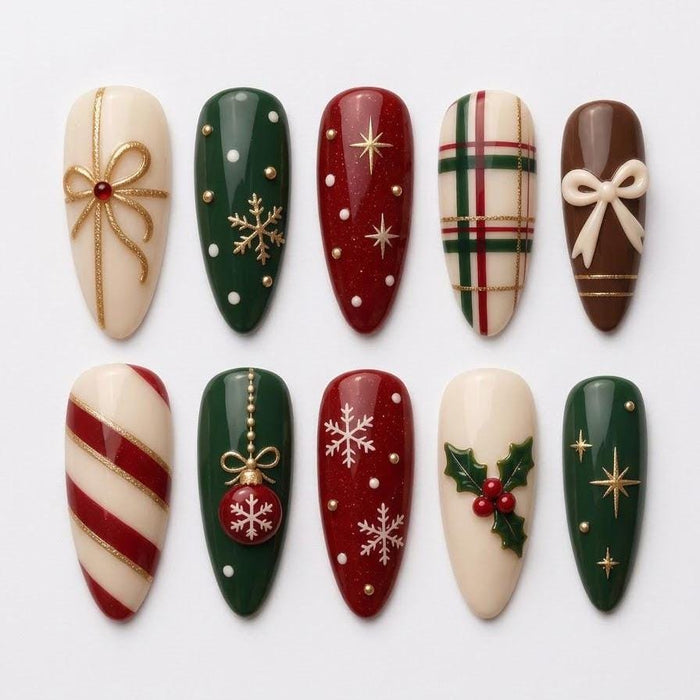Christmas Plaid and Bow Press-On Nails in Burgundy, Green, Cream, and Brown