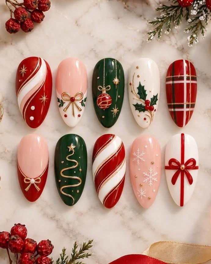 Christmas Plaid and Candy Cane Press On Nails with Holly, Bows, and Gold Details