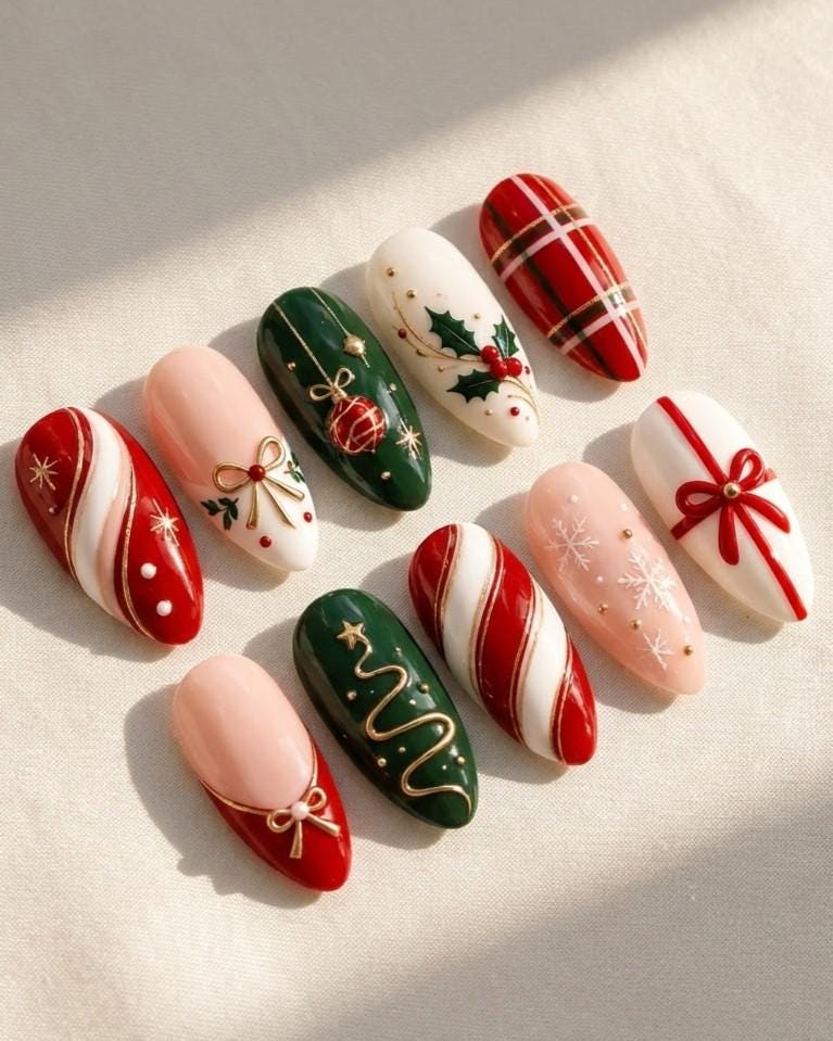 Christmas Plaid and Candy Cane Press On Nails with Holly, Bows, and Gold Details