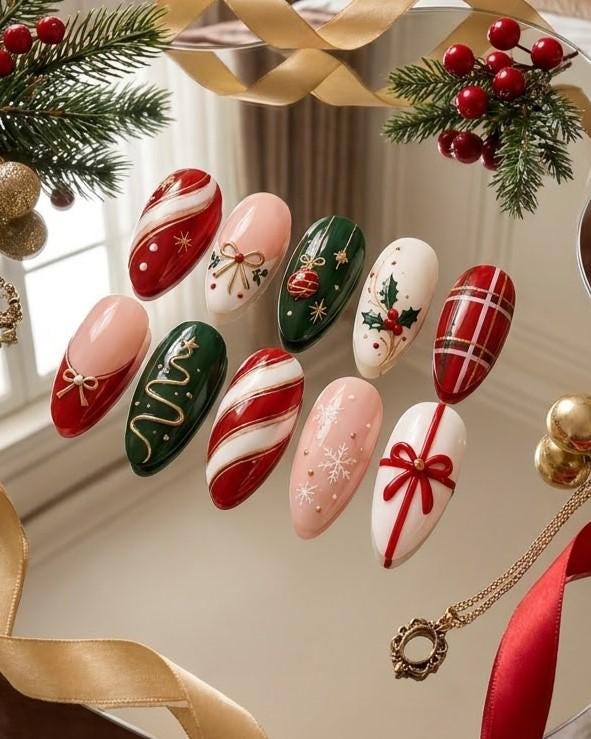 Christmas Plaid and Candy Cane Press On Nails with Holly, Bows, and Gold Details