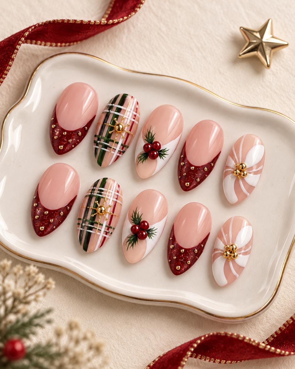 Christmas Plaid and Holly Press On Nails With Burgundy Glitter French Tips