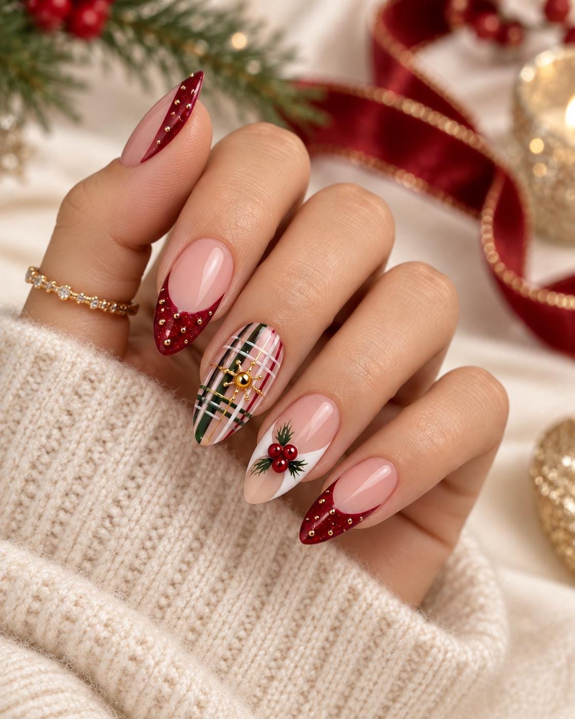 Christmas Plaid and Holly Press On Nails With Burgundy Glitter French Tips