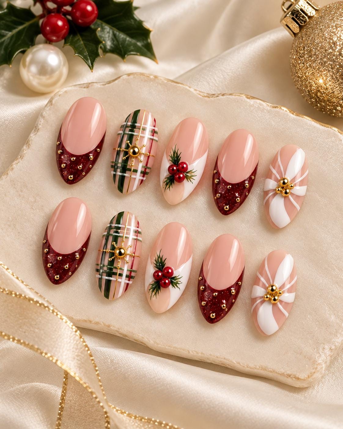Christmas Plaid and Holly Press On Nails With Burgundy Glitter French Tips