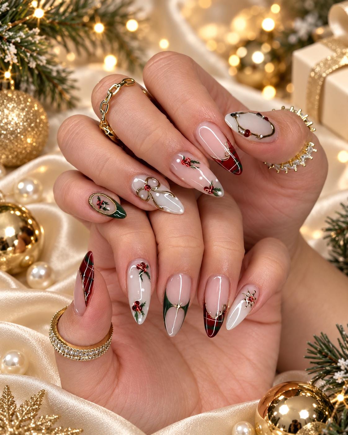 Christmas Plaid and Holly Press On Nails with Gold Bows