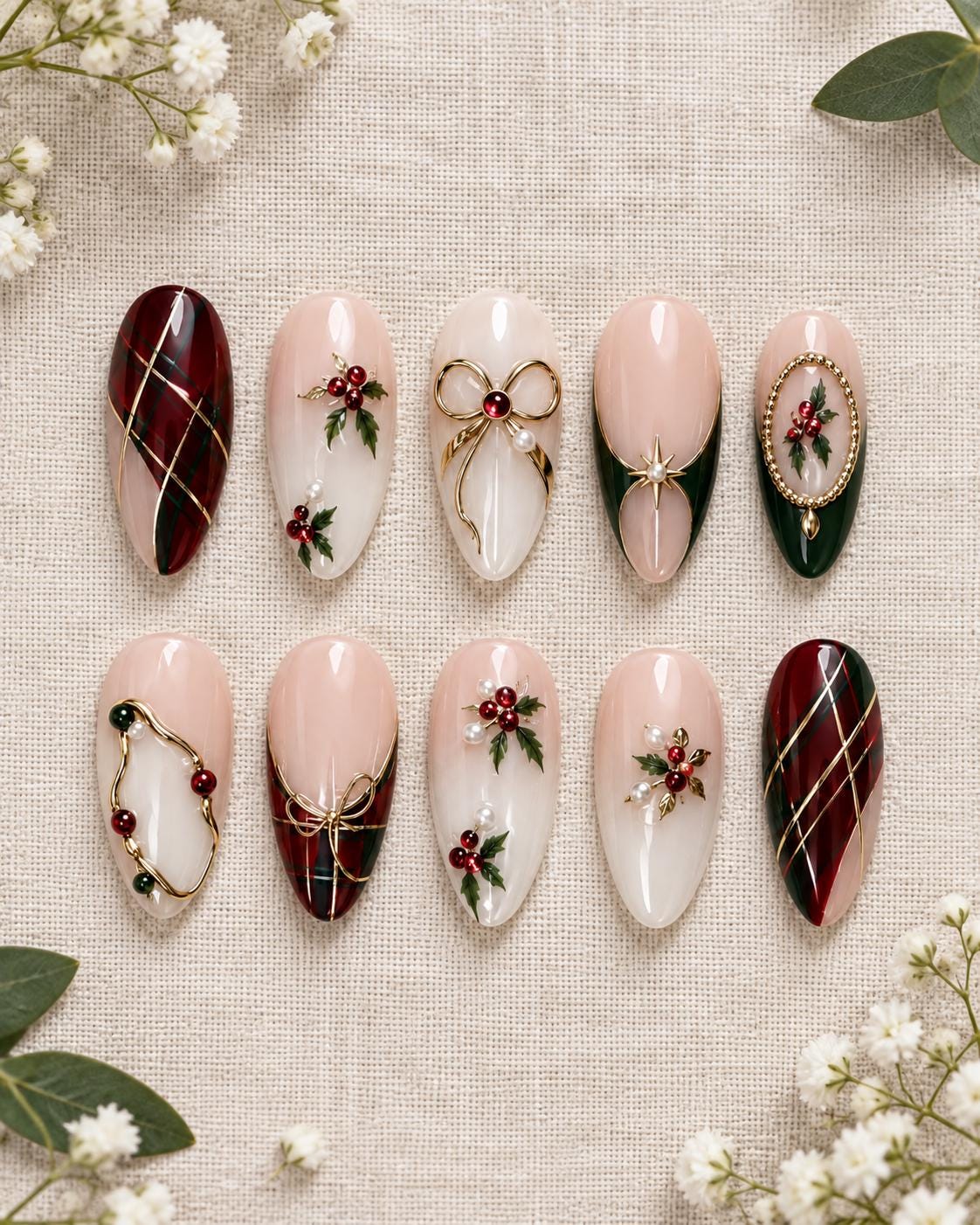 Christmas Plaid and Holly Press On Nails with Gold Bows