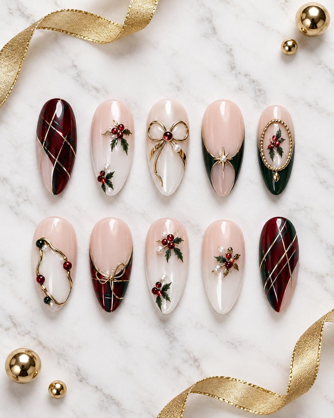 Christmas Plaid and Holly Press On Nails with Gold Bows