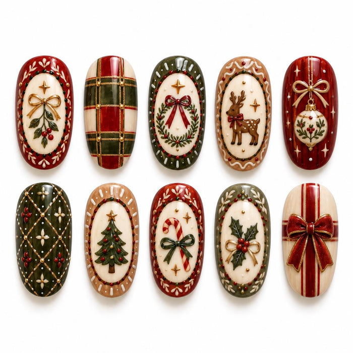 Christmas Plaid and Reindeer Press-On Nail Set with Bows and Gold Accents