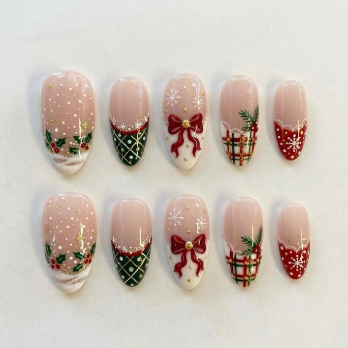 Christmas Plaid and Snowflake French Tip Press On Nails with 3D Red Bows
