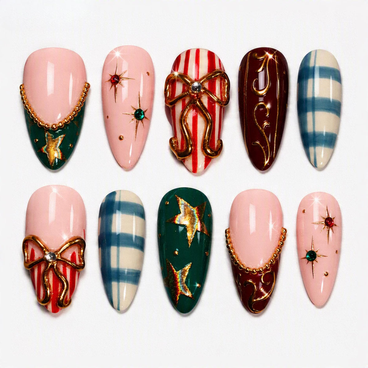 Christmas Plaid and Star Press On Nails with Raised Gold Bows