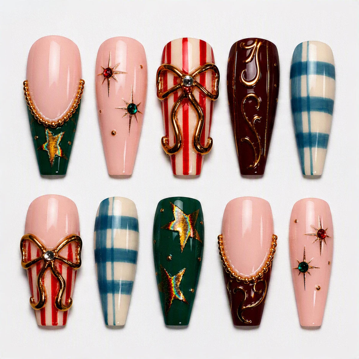 Christmas Plaid and Star Press On Nails with Raised Gold Bows
