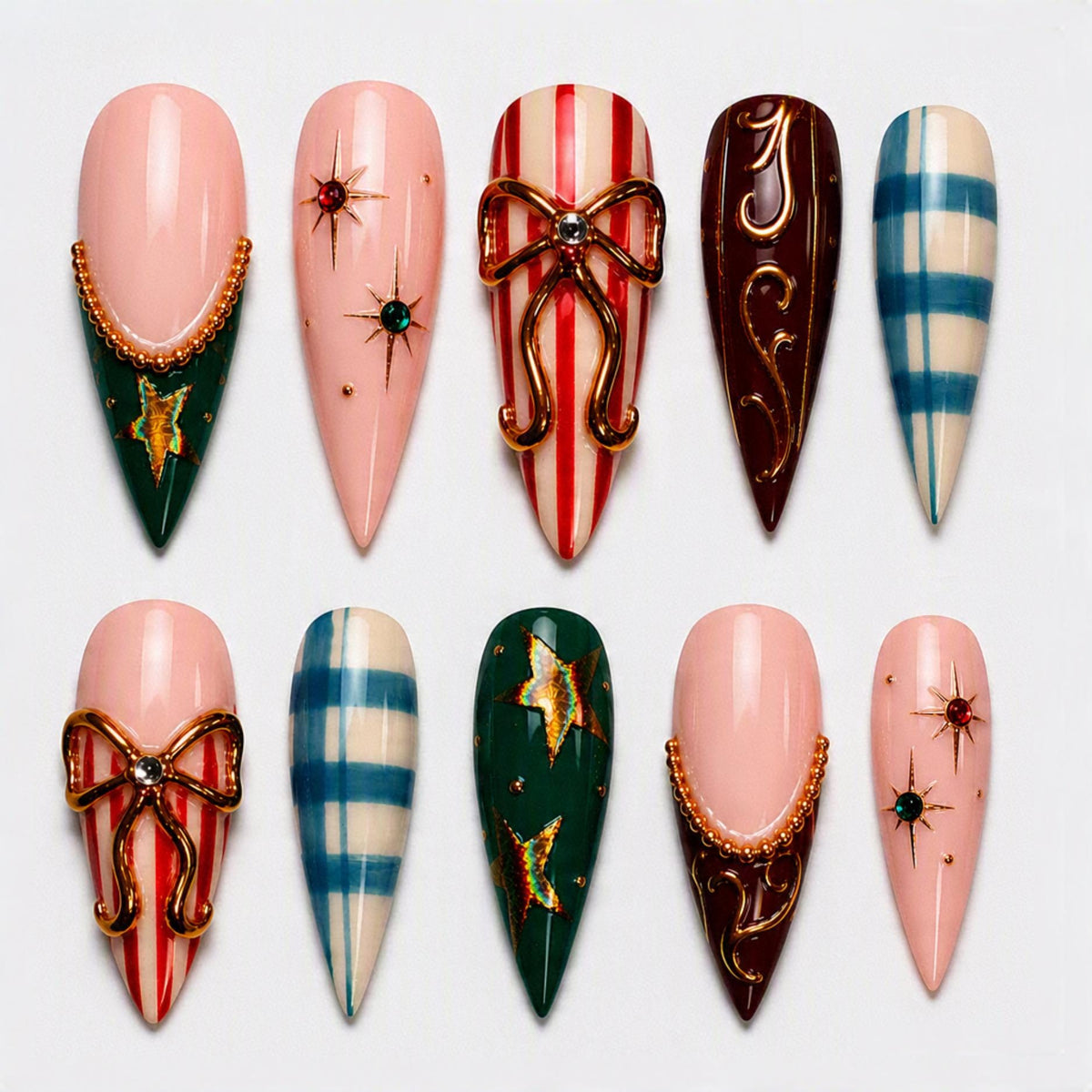 Christmas Plaid and Star Press On Nails with Raised Gold Bows
