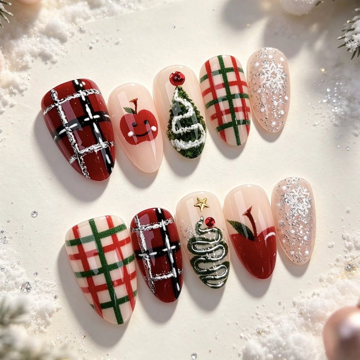Christmas Plaid and Tree Press On Nails with Snowflakes and Silver Glitter