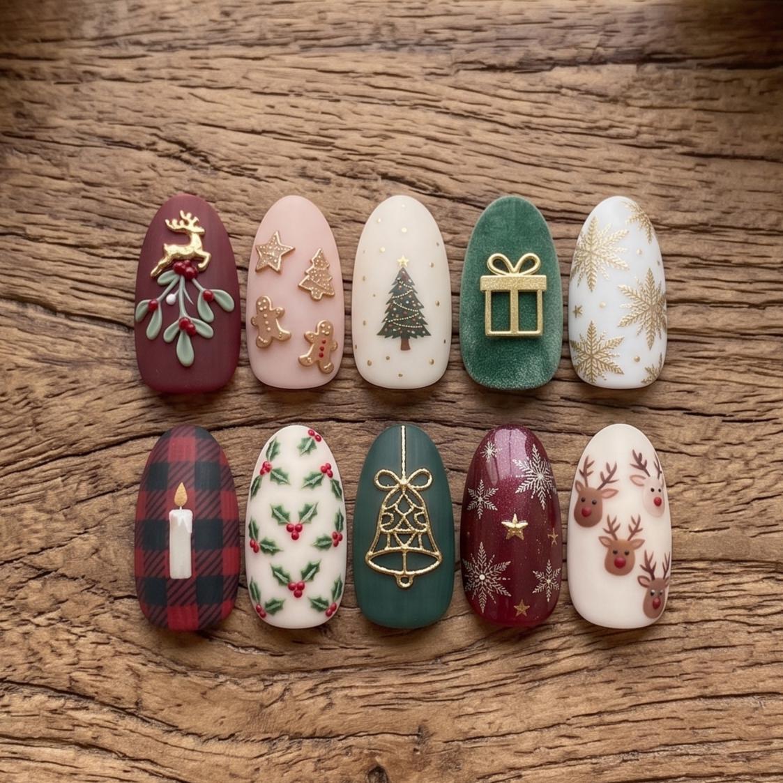 Christmas Plaid and Velvet Press On Nails with Reindeer and Gold Holiday Art