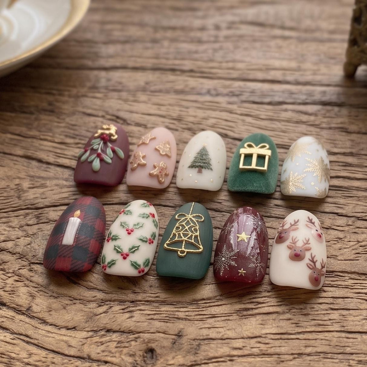 Christmas Plaid and Velvet Press On Nails with Reindeer and Gold Holiday Art