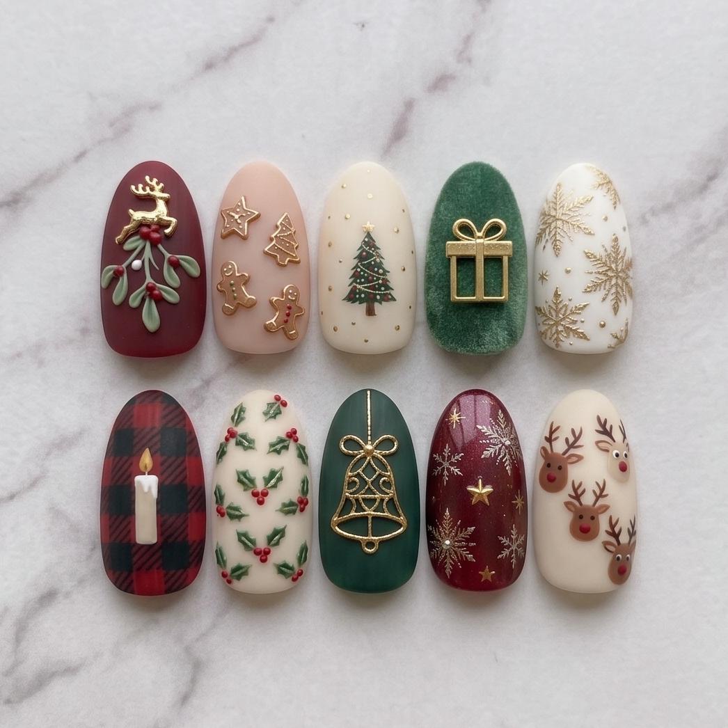 Christmas Plaid and Velvet Press On Nails with Reindeer and Gold Holiday Art