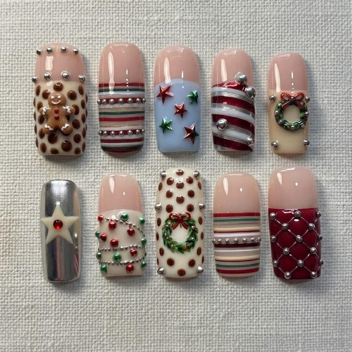 Christmas Plaid Press-On Nail Set With Gingerbread, Wreaths, and Silver Stars