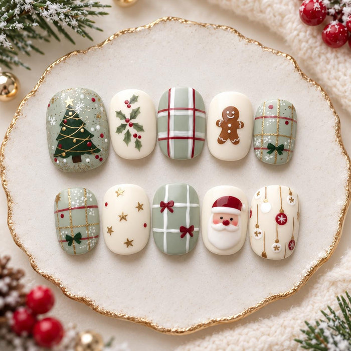 Christmas Plaid Press-On Nails with Gingerbread, Santa, Holly, and Gold Details