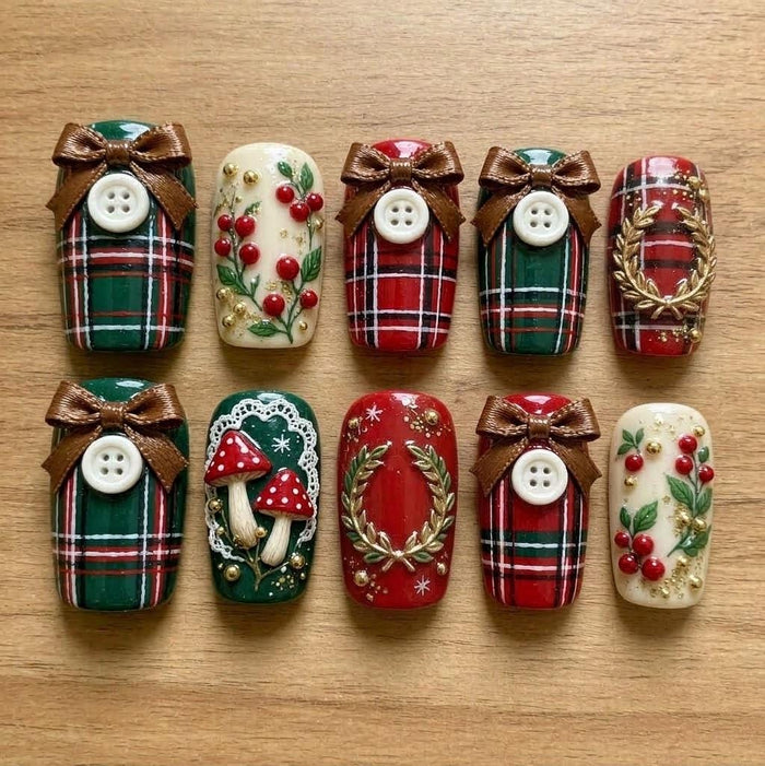 Christmas Plaid Press-On Nails with Raised Bows, Holly, Mushrooms and Gold Wreaths