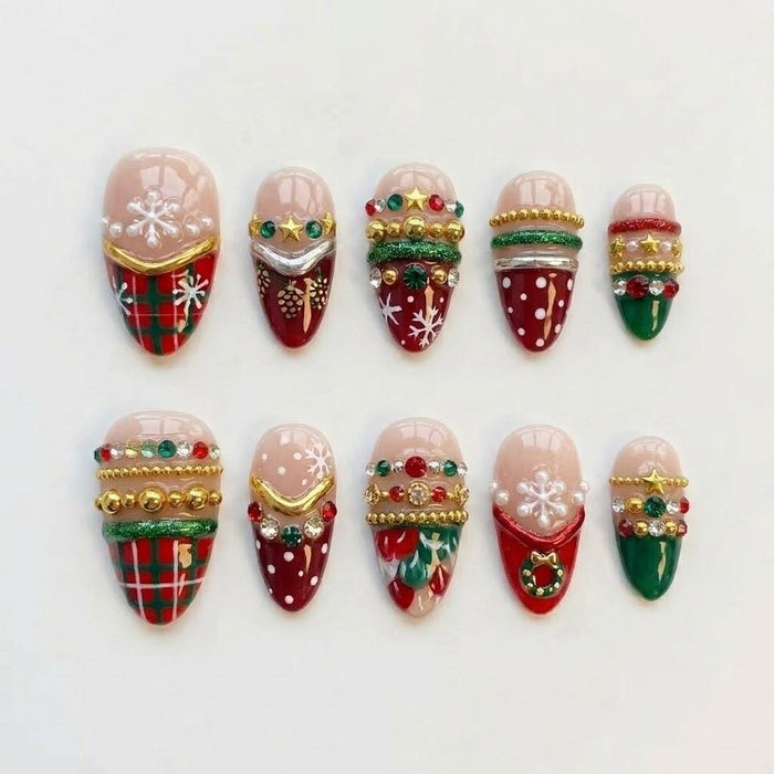 Christmas Plaid Press On Nails with Snowflakes, Pearls and Red Green Gems