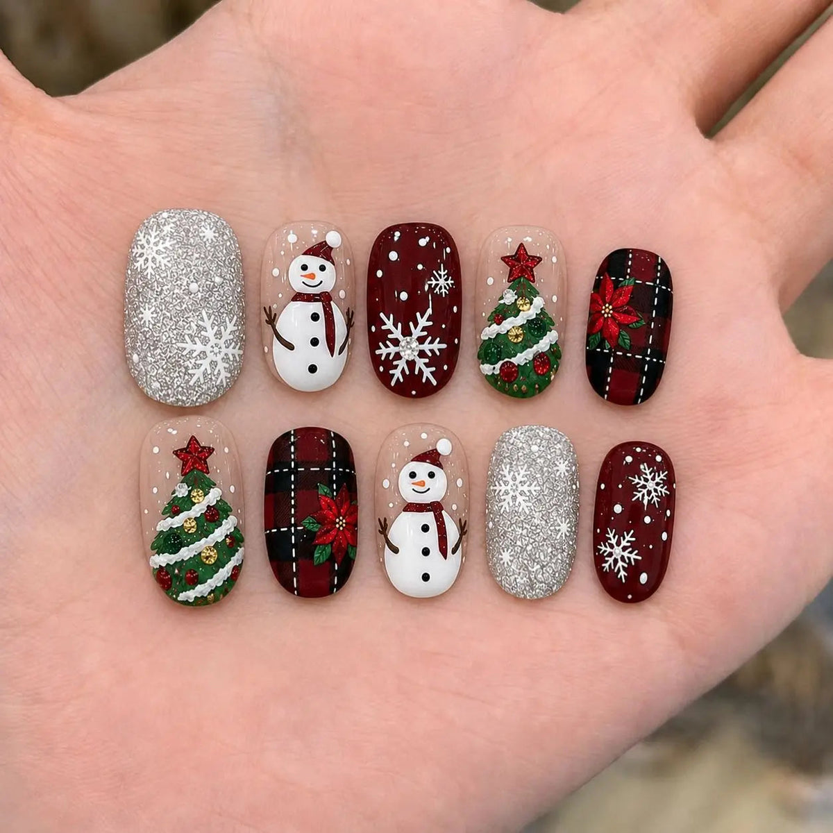 Christmas Plaid Snowman and Tree Press On Nail Set in Burgundy and Silver