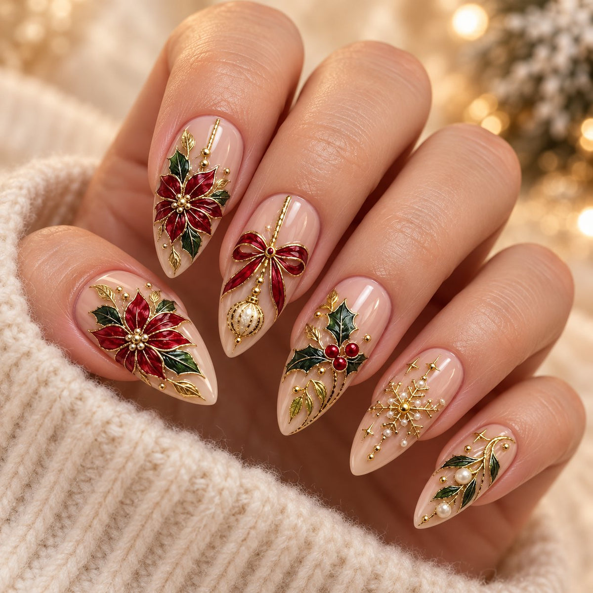 Christmas Poinsettia, Bow and Ornament Press On Nails with Gold Details worn on hand