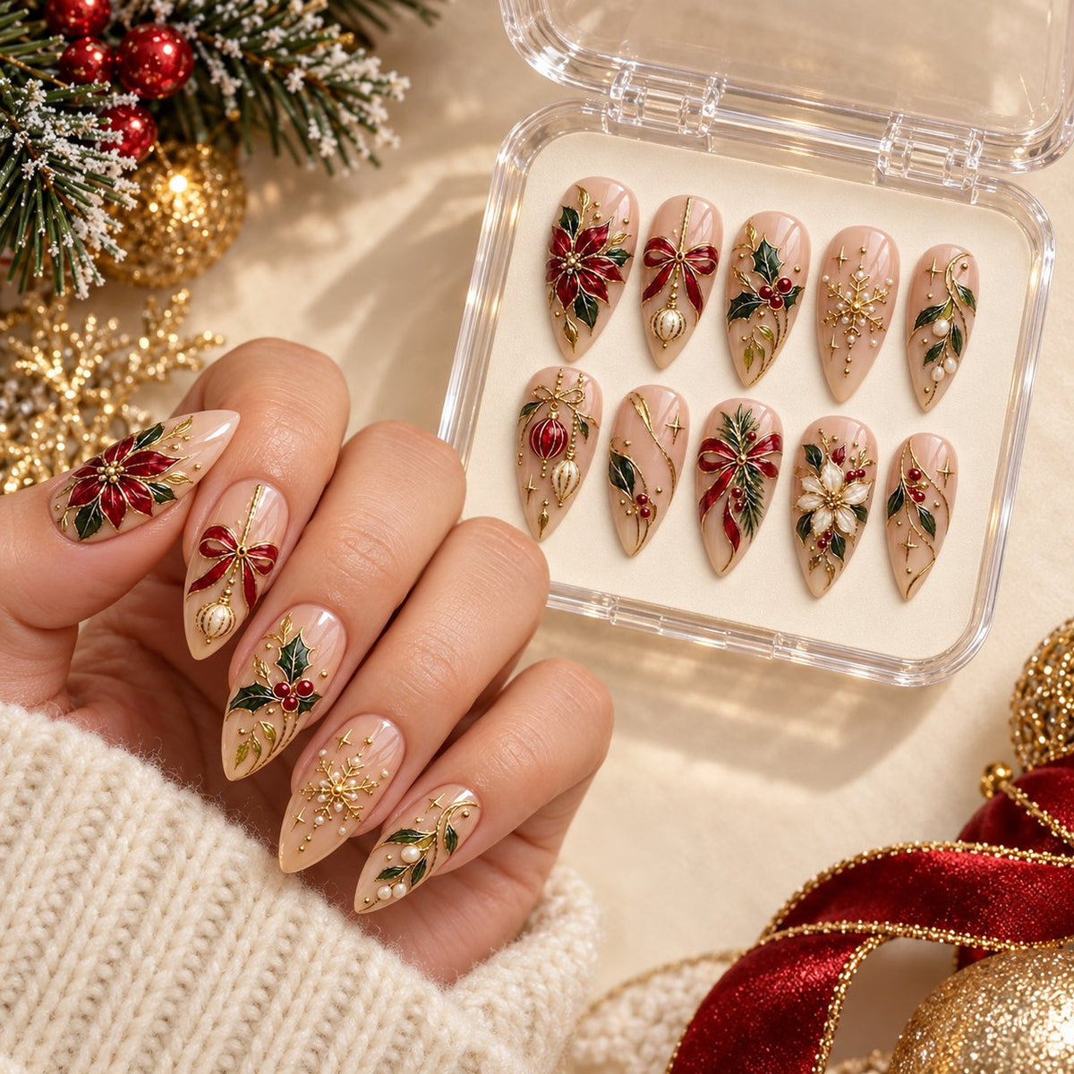 Christmas Poinsettia, Bow and Ornament Press On Nails with Gold Details worn on hand with acrylic storage box