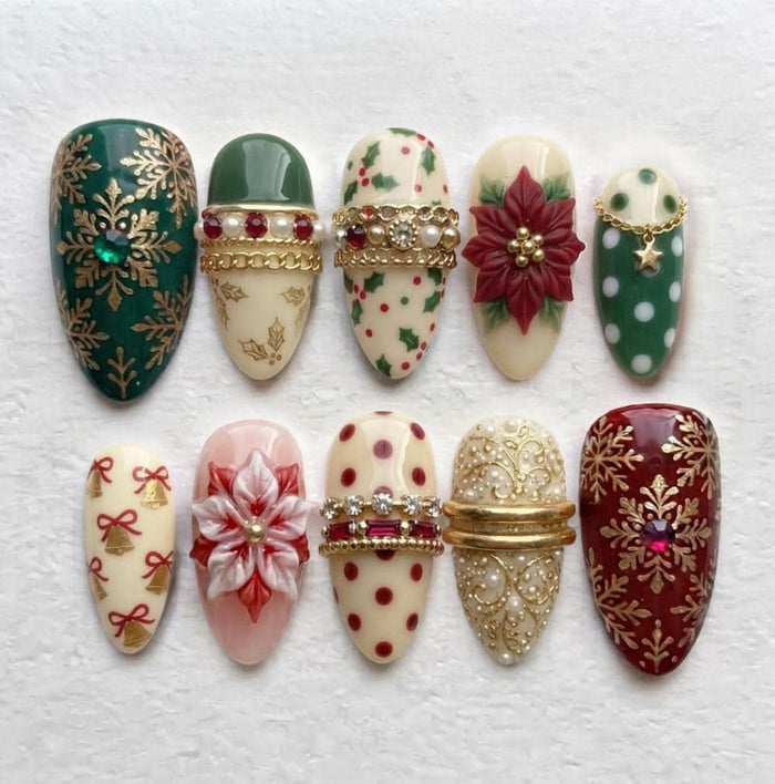 Christmas Poinsettia Press On Nails With Gold Snowflakes, Bows, and 3D Details