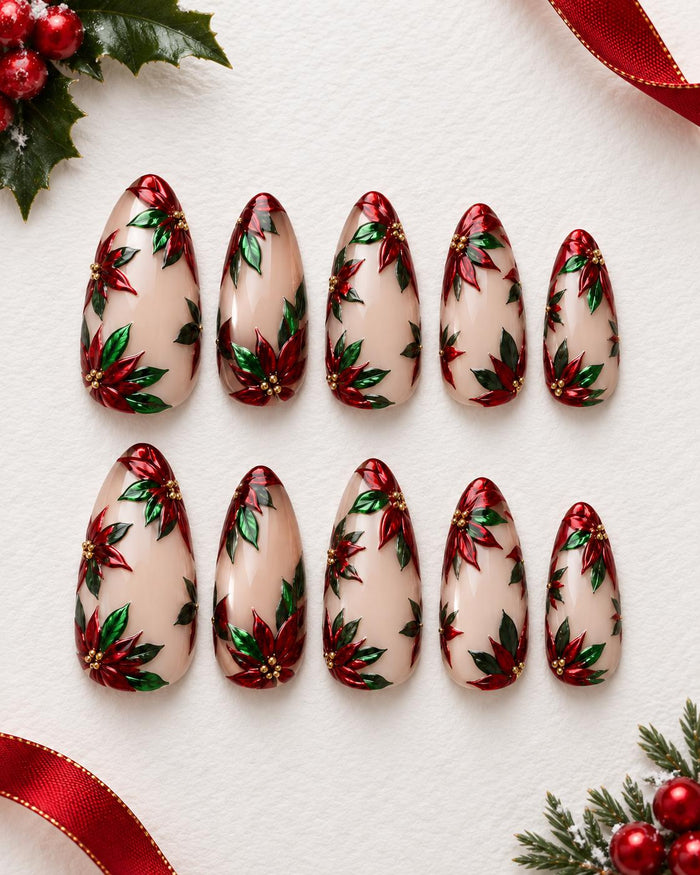Christmas Poinsettia Press On Nails with Red, Green, and Gold Bead Details