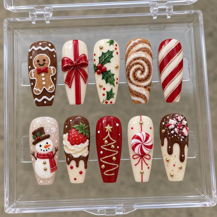 Christmas Press-On Nail Set With Gingerbread, Holly and Candy Designs