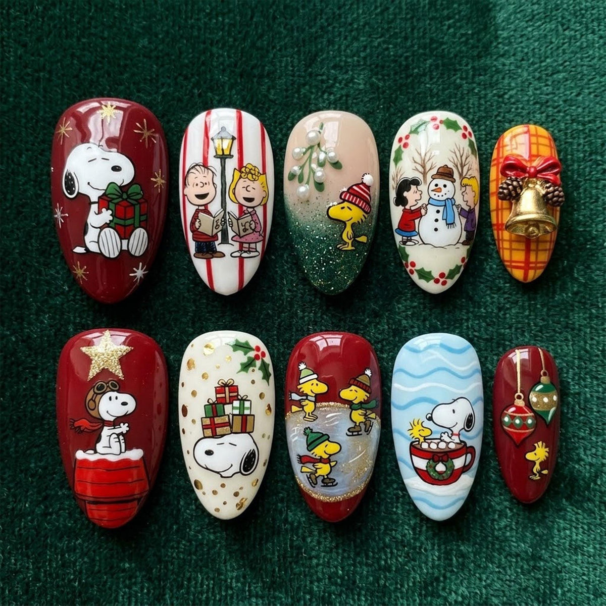 Christmas Press-On Nail Set with Tartan Plaid and Gold Bell Charm