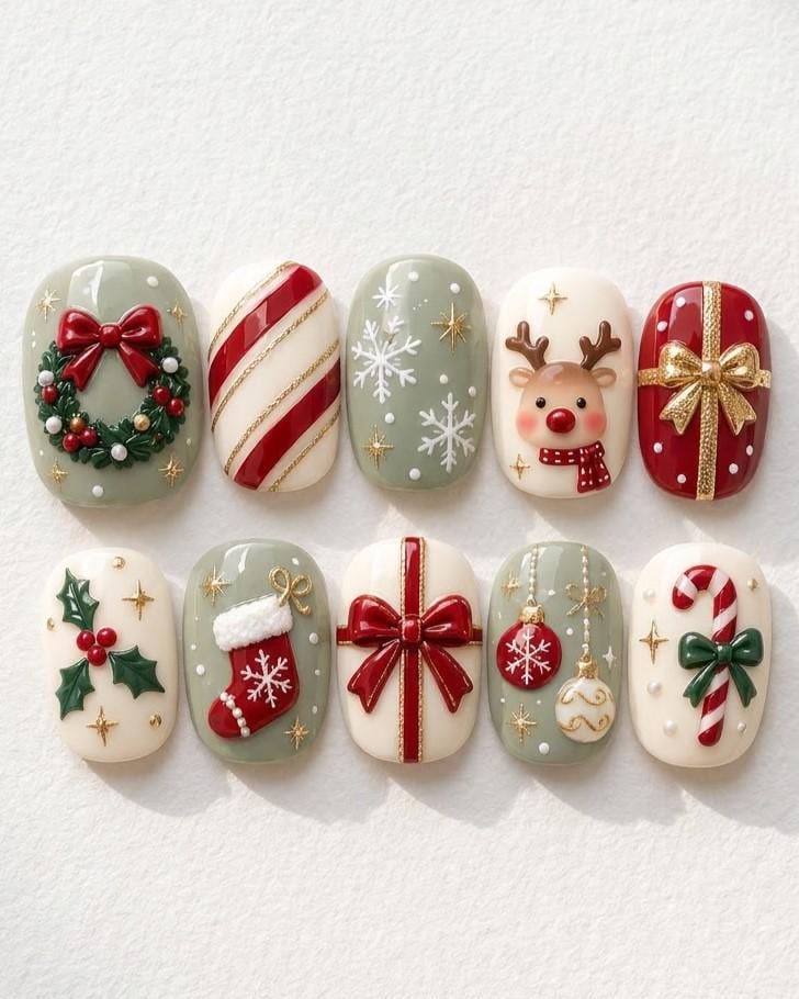 Christmas Press-On Nail Set With Wreath, Reindeer, Candy Canes, and Bows