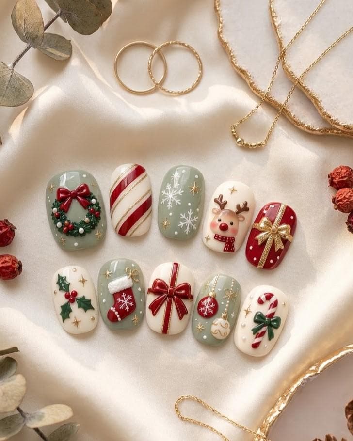 Christmas Press-On Nail Set With Wreath, Reindeer, Candy Canes, and Bows