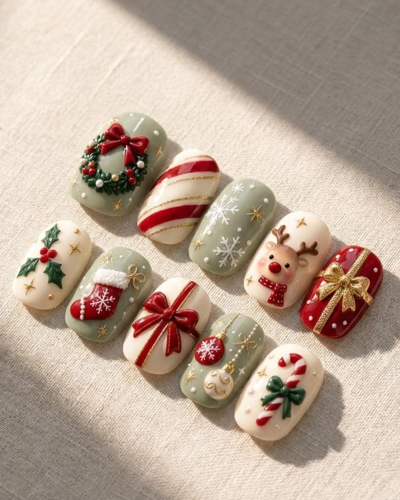 Christmas Press-On Nail Set With Wreath, Reindeer, Candy Canes, and Bows