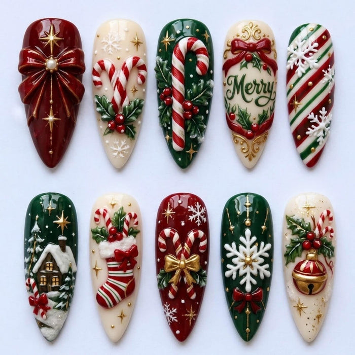 Christmas Press On Nails with 3D Bows, Candy Canes, Holly, Bells and Snowflakes