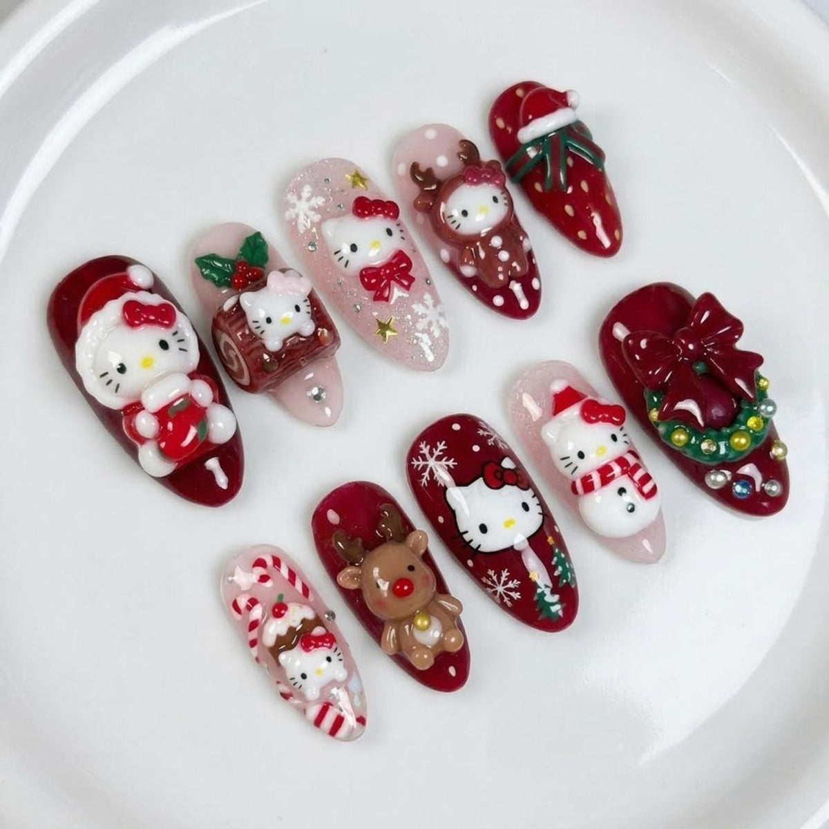 Christmas Press On Nails With 3D Character Figures, Bows and Rhinestones