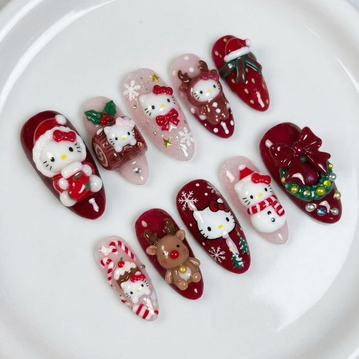 Christmas Press On Nails With 3D Character Figures, Bows and Rhinestones