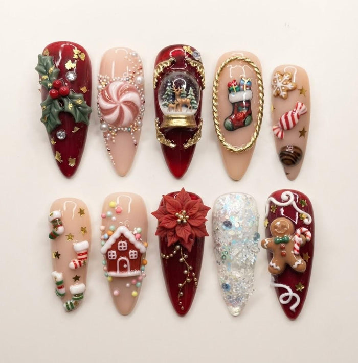 Christmas Press-On Nails With 3D Gingerbread, Poinsettia, Candy Canes and Snow Globe Art