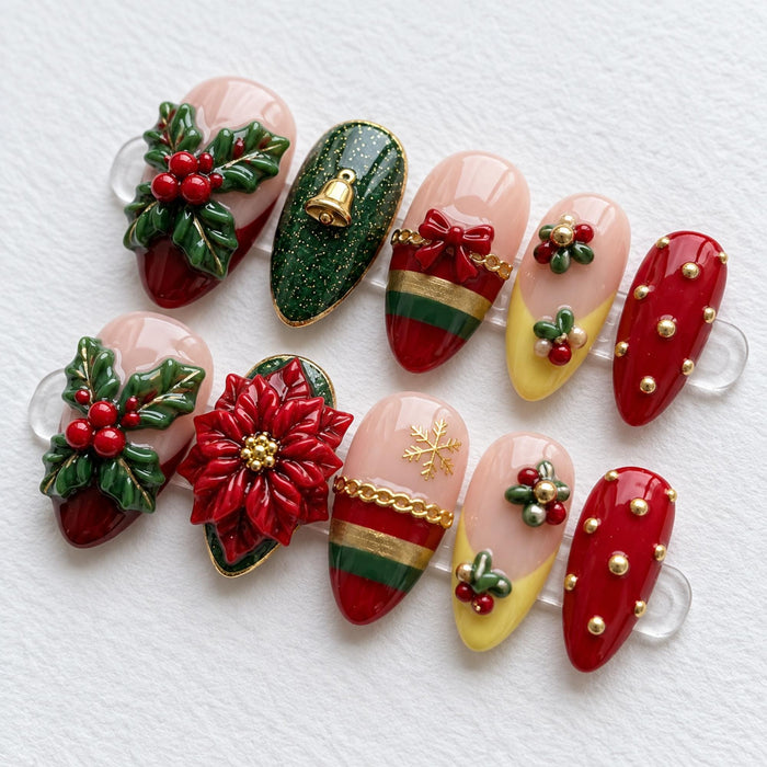 Christmas Press On Nails With 3D Holly, Poinsettia, Bell Charm, and Red Green Gold Details