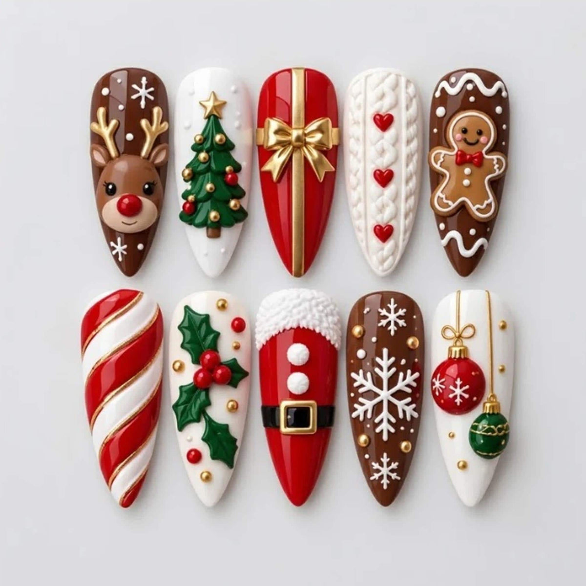 Christmas Press On Nails With 3D Reindeer, Gift Bow, Candy Cane and Snowflake Designs