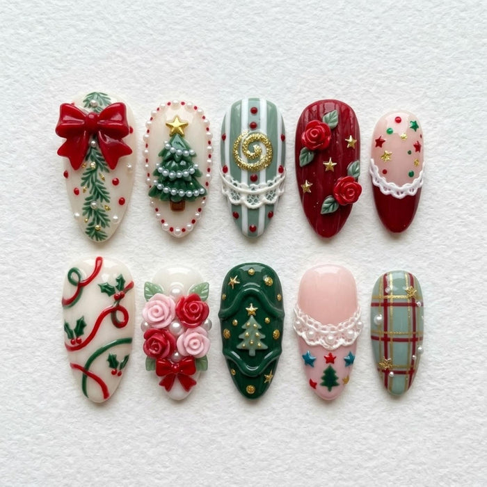 Christmas Press On Nails With 3D Roses, Bows, Plaid, and Tree Details