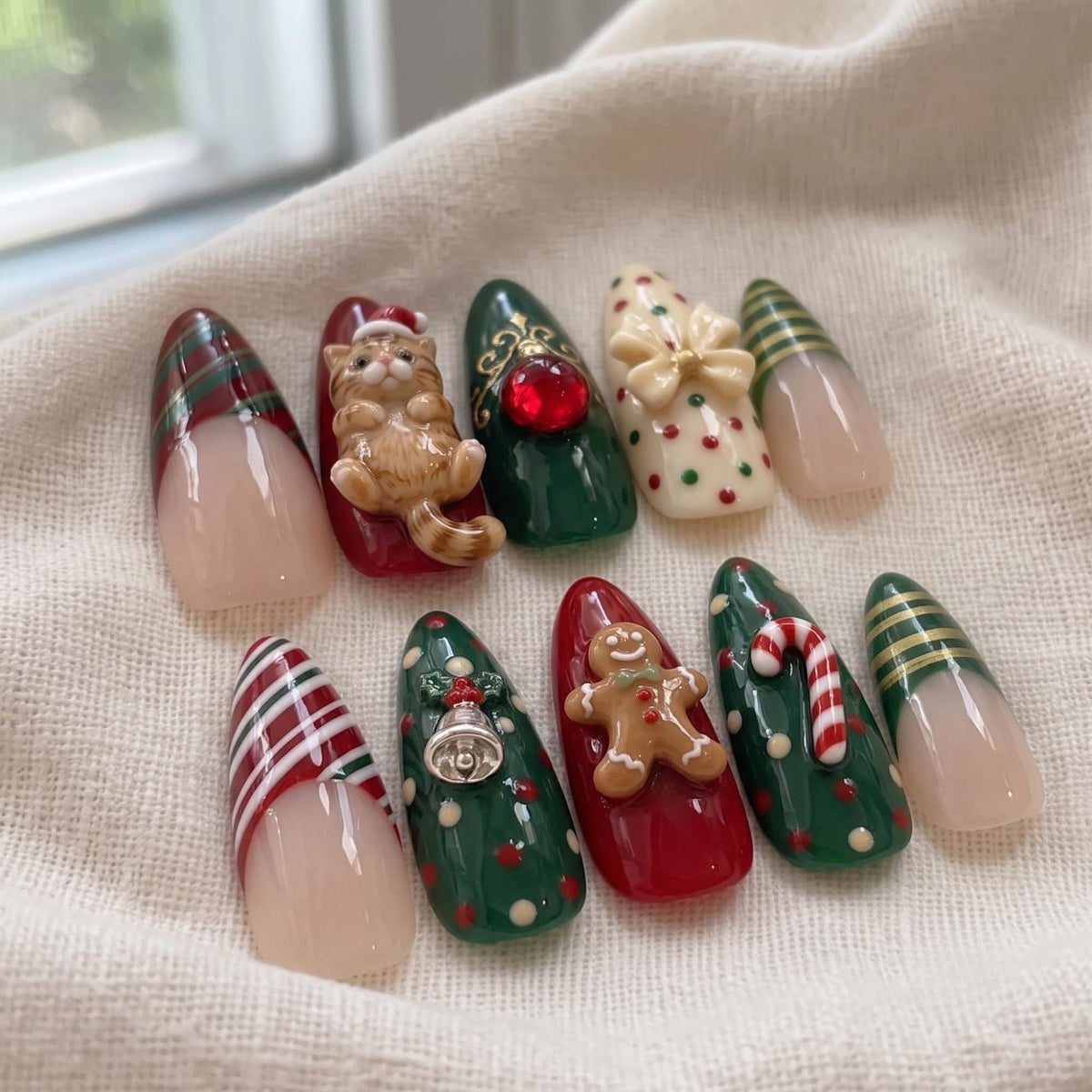Christmas Press On Nails With 3D Santa Cat, Gingerbread, Candy Canes & Plaid
