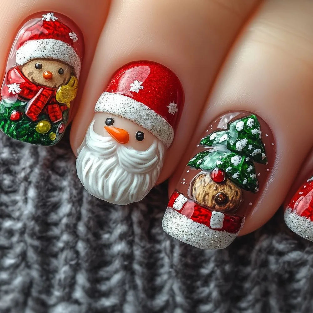 Christmas Press-On Nails With 3D Santa, Snowman, and Tree Designs
