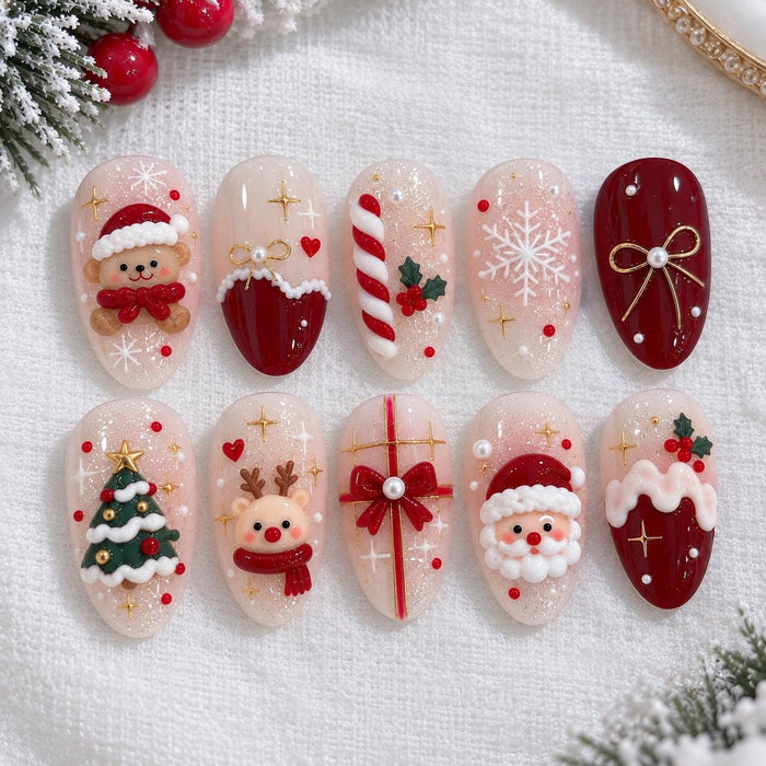 Christmas Press On Nails with 3D Santa, Teddy Bear, Reindeer & Burgundy Bows