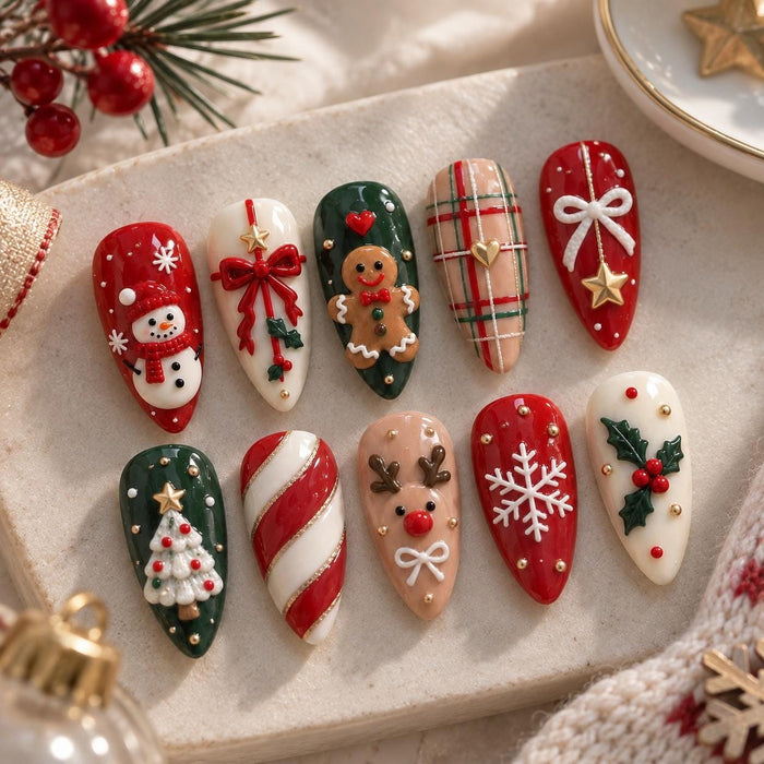 Christmas Press On Nails with 3D Snowman, Gingerbread, Reindeer and Holiday Details