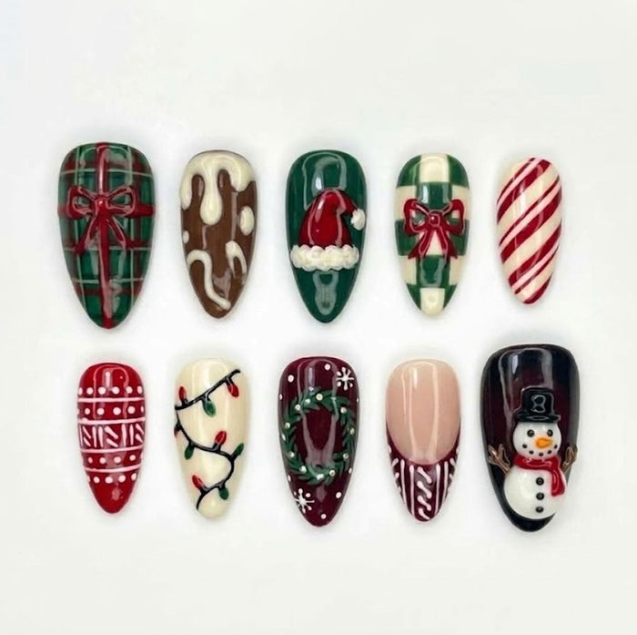 Christmas Press On Nails With 3D Snowman, Wreath, Plaid Bows and Candy Cane Stripes